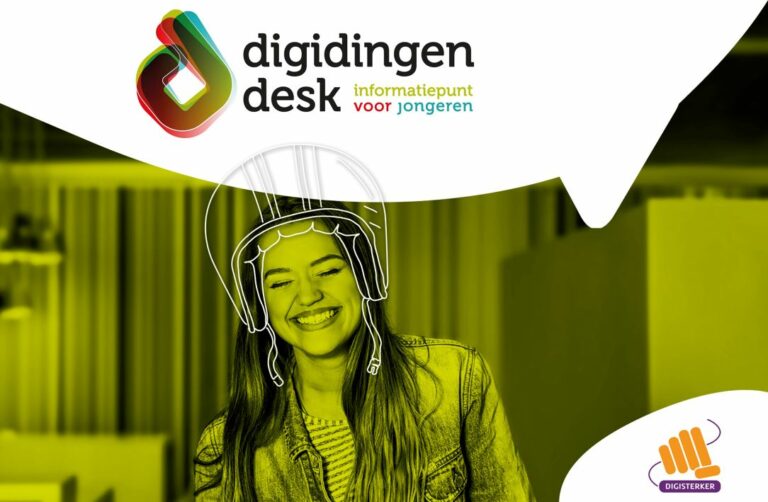 Foto van jongere met tekst 'Digidingen-desk. Informatiepunt voor jongeren'